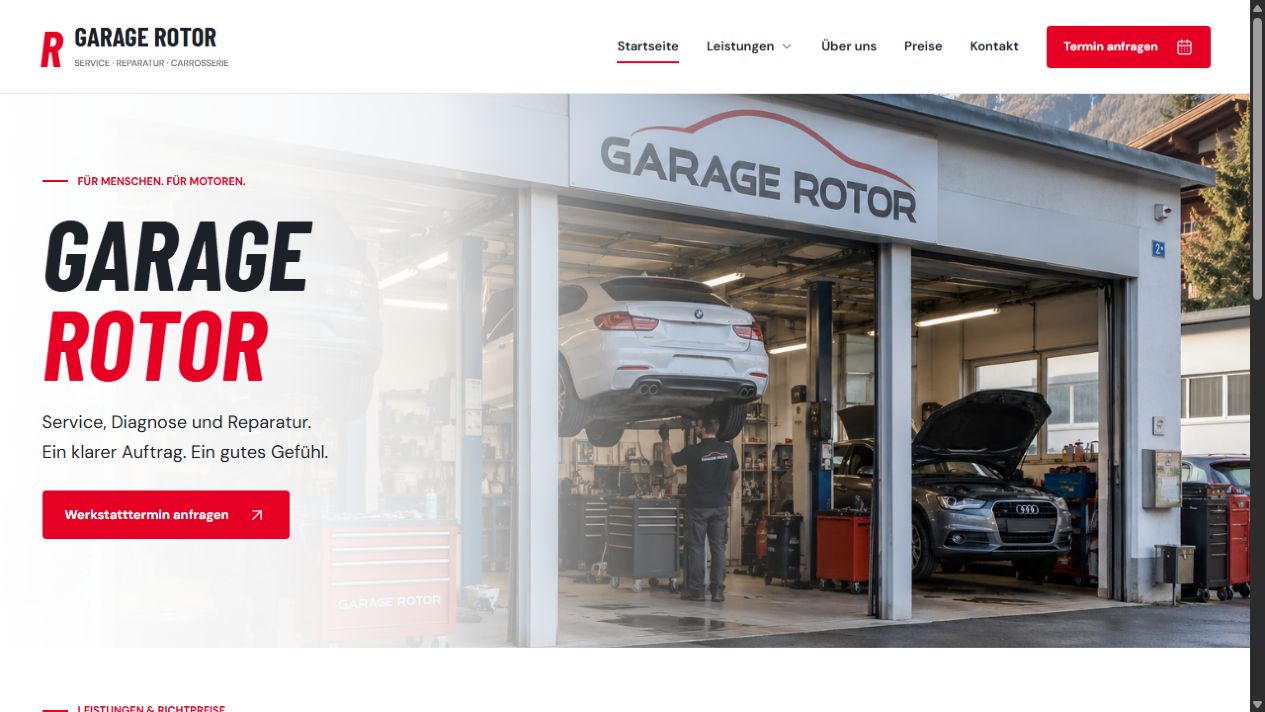 Bildschirmansicht der Webseite Garage Rotor