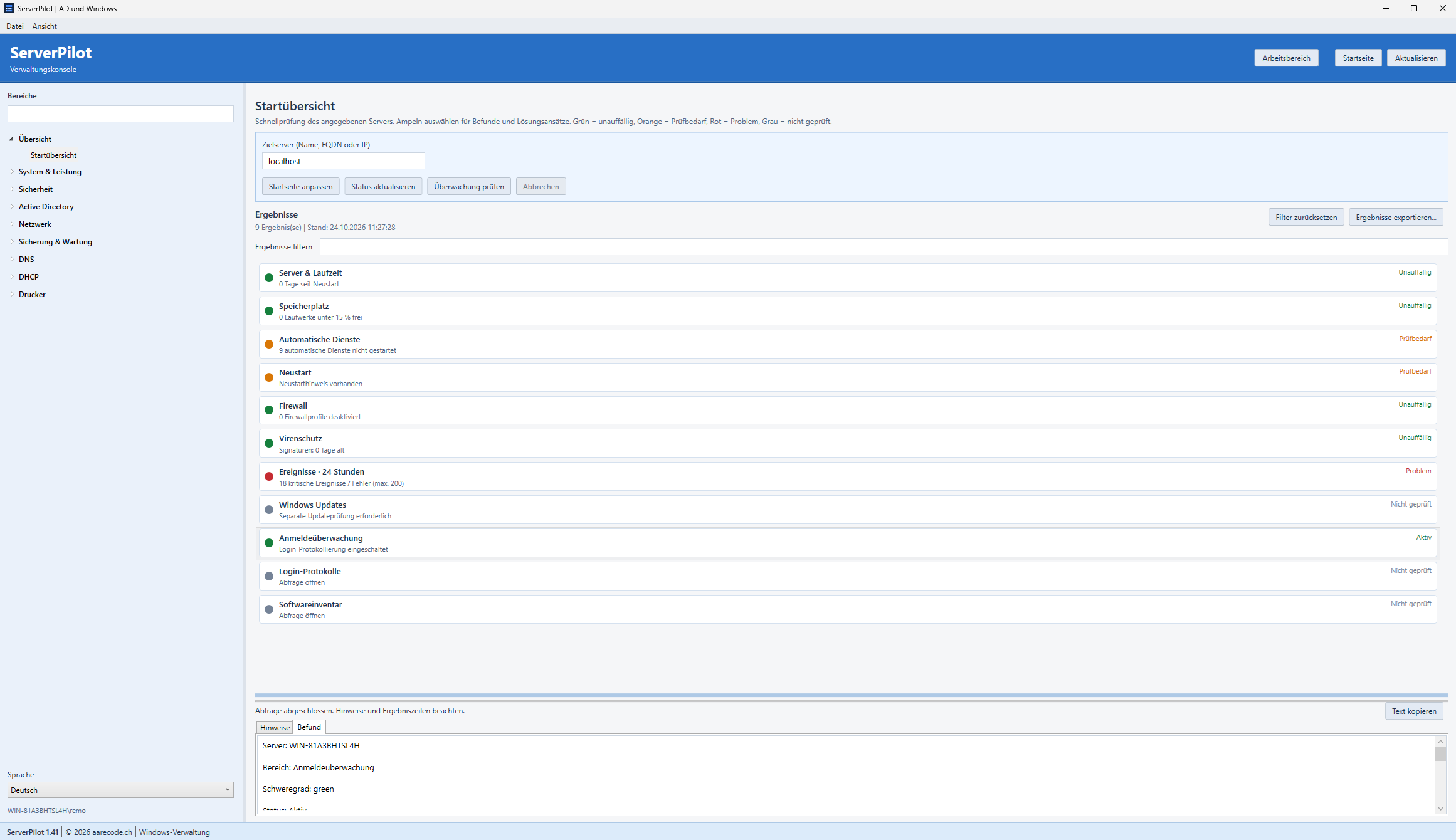 ServerPilot mit Startübersicht und Statusampeln für Windows-Server